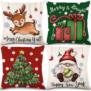 Trahoo-Lot De 4 Housses De Coussin De No&euml;l, Housses De Coussin Rouge Vert Taie D'oreiller De No&euml;l Housse De Coussin Housse De Coussin En Lin De No&euml;l Pour Canap&eacute; D&eacute;coration De La Maison (45 X 45 Cm) - Neuf