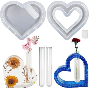 Moule Silicone Resine Epoxy Coeur, 2 Pi&egrave;ces Moule Silicone Coeur Avec 2 Tubes &Agrave; Essai, Moules En R&eacute;sine Vase, Moules De Moulage Diy, Convient Pour Le Moulage Diy, Les Plantes Hydroponiques - Neuf