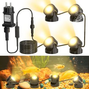 Lumiere Led Aquarium,Ip68 Etanches Blanc Chaud Lumière Led Submersible Eclairage Exterieur Avec 8 Heures Minuteur Pour Aquarium Bassin Cour Jardin Piscine Étang,Lot De 4 - Neuf