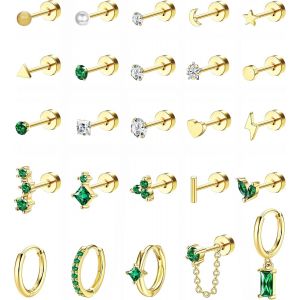Meimie-25pcs Lot Piercing Oreille Hypoallergéniques Boucles D'oreilles Acier Inoxydable Femme Homme Boucles D'oreilles Femme Argent/Or Boucles D'oreilles Créoles Cartilage Oreille Piercing Tragus - Neuf