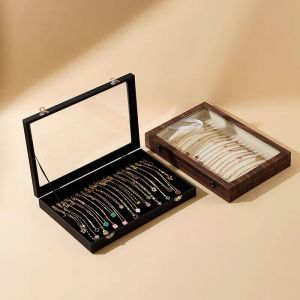 Lot De 2 Plateaux &Agrave; Colliers En Velours Avec Couvercle Transparent, Bo&icirc;te De Rangement Verrouillable Pour Colliers, Pendentifs, Cha&icirc;nes, Colliers, Bijoux Pour Femmes Et Filles (Noir, Grain De Bois) - Neuf
