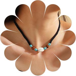 Kal-Collier De Bohème Noir En Corde Tressée Collier Ras Du Cou Bleu Turquoise Collier Cauris Vintage Pendentif Collier Perle Turquoise Vintage Collier Ras Du Cou Bijoux Pour Femmes Et Filles - Neuf