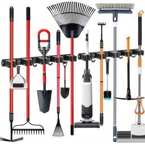 2 Pi&egrave;ces Accroche Balai Mural, Porte Balai Mural en Acier Inoxydable, Auto Adh&eacute;sif Support Cintre de Rangement avec 8 Emplacements et 10 Crochets pour Cuisine Jardin Garage - Neuf