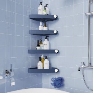 4 Pi&egrave;ces Plastique Etagere Douche sans Percage, Rangement et Organisation de la Salle de Bain, Porte Savon Douche, Etagere Salle de Bain, Comprend 6 Autocollants Adh&eacute;sifs, Bleu Marine - Neuf