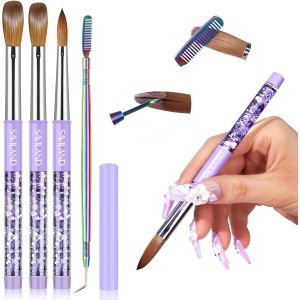 Kal-Kit De 3 Pinceaux Acrylique Avec Brosse De Nettoyage : Pinceau Acrylique Professionel Pour Les Ongles En Acrylique, Pinceau Violet Pour Le Liquide Poudre Acrylique (Taille 6/10/14) - Neuf