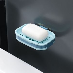 Lot de 2 porte-savons adhésifs bleus à double couche, auto-drainants, pour salle de bain et douche, bleu ciel - Neuf