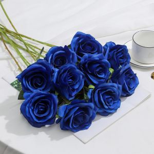 Lot de 10 roses artificielles en soie bleu royal r&eacute;alistes pour cr&eacute;ations artisanales, bouquets de mariage, arrangements floraux, f&ecirc;tes, d&eacute;corations d'int&eacute;rieur - Neuf