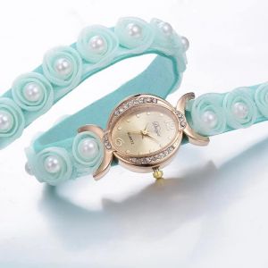 Duoya Femmes Fausse Perle Fleur D&eacute;coration Bracelet Montre-Bracelet Cha&icirc;ne Robe Montre &Agrave; Quartz(Bleu Ciel) - Neuf