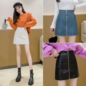 Jupe En Cuir Femme Automne Et Hiver Jupe Taille Haute Jupe Courte Zippée Jupe Trapèze Jupe En Cuir Pu Jupe - Neuf