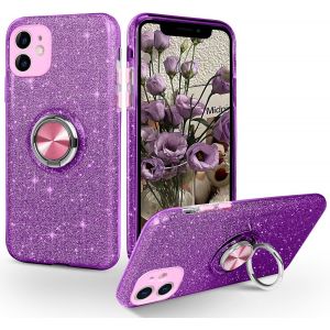 Kalanka-Coque Pour Iphone 11 Avec Anneau Rotatif 360° Support De Voiture Magnétiqu, Paillettes Scintillantes Brillantes La Mode Etui Protection, À Anti-Rayure Antichoc Housse Pour Iphone 11, Violet - Neuf