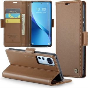 Kal-Coque Pour Xiaomi 12/Xiaomi 12x/Xiaomi 12s+ 2 Pi&egrave;ces Verre Tremp&eacute;,Antivol,Prend En Charge Le Chargement Sans Fil, Pochette Fermeture Magn&eacute;tique Flip Case-Marron - Neuf