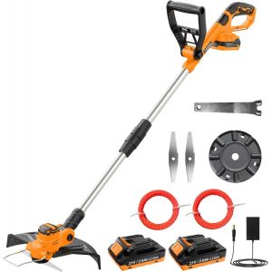 MEVRONISSHOP-21V Coupe Bordure sans Fil, D&eacute;broussailleuse &agrave; Batterie Brushless avec 2 Batteries 2.0Ah, 2 Lames, 2 Bobines (5m), Poign&eacute;e R&eacute;glable, Tube T&eacute;lescopique, T&ecirc;te Pivotante 90&deg;pour Jardin &Eacute;lag - Neuf