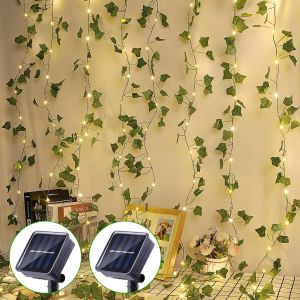 Guirlande Lumineuse Solaire Extérieure,[Lot De 2] Lierre Artificiel 20m 200 Leds,Guinguette Étanche 8 Modes Lumiere Décoration,Pour Jardin,Terrasse,Fête - Neuf