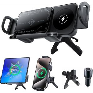 Support de t&eacute;l&eacute;phone portable de voiture pour Galaxy Z Fold/Flip avec fonction de charge 15 W Dual Coils QC 3.0 Fast Wireless Charger Auto pour Z Fold/Flip 6 Peut tourner automatiquement - Neuf