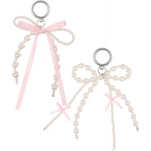 Lot De 2 Porte-Clés En Forme De N?ud Avec Perles-Esthétique-Pour Sac À Main,Voiture-Pour Femme,Blanc,Rose,Taille Unique - Neuf