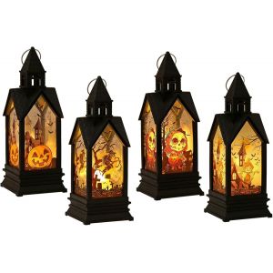 CAUC-Lot de 4 lanternes d&eacute;coratives d'Halloween - Lanternes LED sans flamme - Citrouille - Lanterne d'Halloween - D&eacute;coration de jardin - Photophore suspendu pour l'int&eacute;rieur et l'ext&eacute;rieur - Jardins - Neuf