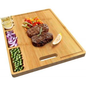 Planche A Decouper Bois, Naturelle Planche A Decouper Bambou, Planche À Découper Bois Avec 3 Compartiments Intégrés Et Rainures - Neuf