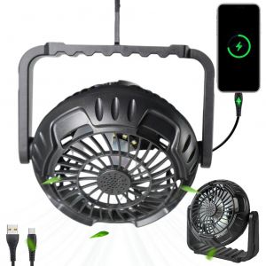 HJLIAN Ventilateur de camping portable avec lanterne LED, rechargeable par USB, avec crochet de suspension, rotation a 360¡ã, pour tentes, peche, pique-nique - Neuf