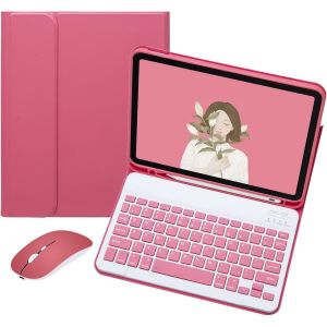Étui Avec Clavier Coloré Et Souris Pour Ipad Air 11"" (M3, M2)/Ipad Air 5e/4e Génération 11"" Avec Jolie Housse De Clavier Bluetooth Magnétique Amovible (Rose Foncé) - Neuf