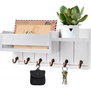 Porte Clef Mural Bois ¿¿ 6 Crochets, Plaque ¿¿ Cl¿¿s En Bois Avec ¿¿tag¿¿re, Porte Cles Murale, Accroche Clef Mural, Porte Cle Mural, pour Salon, Salle de Bain, Cuisine, Couloirs, Les Entr¿¿es (Blanc) - Neuf