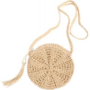 TZF-Sac à bandoulière en paille pour femme - Sac à bandoulière en paille rond avec pompon - Sac à main tissé à la main avec fermeture éclair - Sac à main de plage d'été avec portefeuille bohème - Neuf