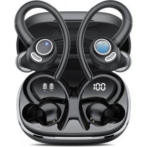 Écouteurs de sport Bluetooth 5.3 sans fil Bluetooth 5.3 avec micro HD, son exceptionnel, 48 heures d'autonomie, double affichage LED, Comfort Fit, écouteurs étanches IP7 pour le sport avec crochets - Neuf