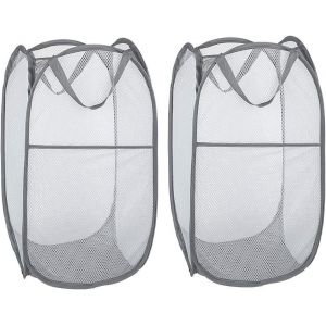 anier à Linge [Lot de 2] Corbeilles à Linge Pliable Pop Up en Maille Filet Sac à Linge Panier à Linge Pliable avec Manipuler, Gris - Neuf