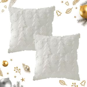 Cauc-&reg; Taie D'oreiller De No&euml;l 45x45 Cm, 2 Pi&egrave;ces Housse De Coussin Arbre Et Flocon De Neige, D&eacute;coration D'hiver Pour Canap&eacute; Chambre Salon (Blanc) - Neuf