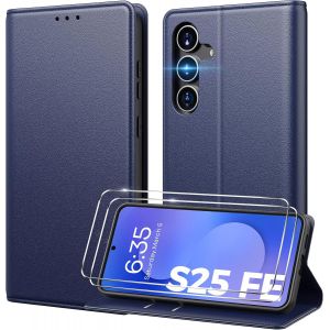 KALANKA-Coque pour Samsung Galaxy S25 FE, [ Verre Tremp&eacute; Protection*2], [ Blocage du Signal RFID ] [ Premium PU ] [ Pochette de Portefeuille ] Etui &agrave; Rabat pour Samsung S25 FE-Bleu - Neuf