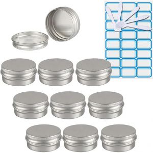 10 Pièces 10ml Pots en Aluminium Vide Rond Argent Petit Cosmétiques Pot Conteneurs for Fait Main Bougies Crème Baume Voyage,5X Spatule,1x Étiquettes - Neuf