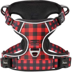 Eryi-Harnais Chien, Harnais Pour Chien Anti Traction Réfléchissant Harnais Avec Poignée Rembourrée, 1 Boucle Sur La Sangle Droite Cou Rendent Facile À Mettre Et À Enlever, Noir-Rouge Plaid, Xs - Neuf