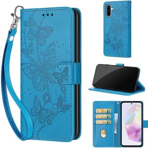 SATURCASE Coque pour Samsung Galaxy A36, Papillons PU Cuir Magn&eacute;tique Flip Portefeuille Support Porte-carte Dragonne Protecteur Housse &Eacute;tui pour Samsung Galaxy A36 (LB-Bleu) - Neuf