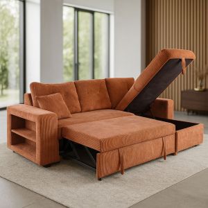 Canap&eacute; d'angle convertible 4 places avec coffre en velours c&ocirc;tel&eacute; terracotta GLASGOW - Neuf