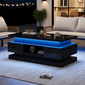 Table basse relevable 100 x 50 x 40 cm, table d'appoint laqu&eacute;e brillante avec &eacute;clairage LED, table basse, noire, panneaux de particules - Neuf