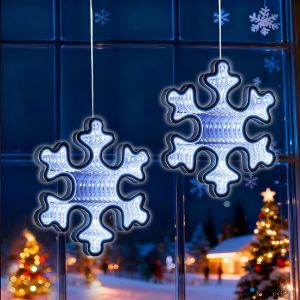 JGD-Rideau Lumineux No&euml;l, 104 LED Guirlande Flocon de Neige &agrave; Suspendre 3D Miroir Infini Lumiere Noel Fenetre Pile avec Minuterie Deco Lumineuse Fenetre Noel pour Interieur Exterieur, Blanc Froid - Neuf