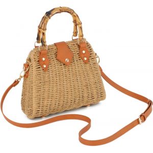 TZF-Sac Bandoulière Rotin Tressée avec Poignée en Bambou Femme été élégant Sac à Main Panier Osier Paille pour Fête Plage Vacances - Neuf