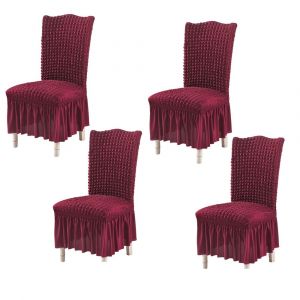 Lot de 4 housses de chaise amovibles avec jupe en dentelle - Rouge vin, tissu seersucker doux, convient &agrave; diff&eacute;rentes tailles de chaises - Neuf