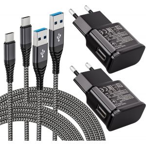 KALANKA-2-Pack Chargeur avec USB C Nylon Type C Cable de Charge Rapide de 2m pour Samsung Galaxy S21 S20 S8 S8+ S9 S9+ S10 S10 Plus S10e A50 A55 A71 A30 A15 A14, Chargeur Rapide de Remplacement d'ori - Neuf