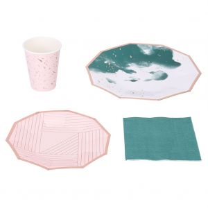 Hjlian Ensemble De Vaisselle Jetable En Papier Pour Fete De Mariage, Peinture A L'encre Verte, Assiettes, Serviettes, Gobelets - Neuf
