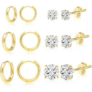 Kal-Ensemble Combiné De Boucles D'oreilles Et De Clous En Argent Sterling Pour Femme, Créoles Épaisses Brillantes En Or 14 Carats Et Petits Clous Pour Plusieurs Piercings (6 Paires) - Neuf