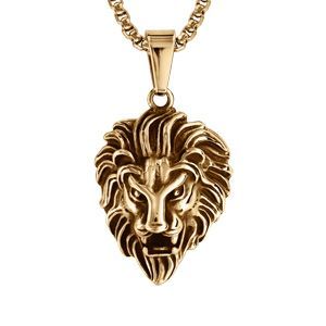 Collier Acier Dor&eacute; Pendentif T&ecirc;te De Lion Patin&eacute; 55cm - Neuf