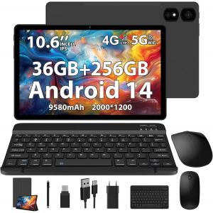 CHECARZHN--NO1-Tablette 10.6 Pouces, Android 14 Tablette Avec Clavier Et Souris, Ram 36Go+Rom 256Go(Tf 2To), Carte Sim 4G Lte+5G Wifi, 2.0Ghz Octa-Core, Caméra 8Mp+13Mp, 9580Mah, Bt5.0, 2000*1200 Ips - Noi - Neuf