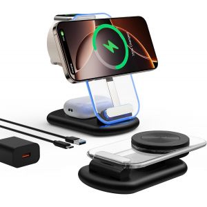 Mag-Safe Chargeur 3 En 1, Pliable Et Réglable, Chargeur Magnétique Sans Fil, Support De Voyage Avec Lumière Pour Iphone 16/15/14/13/12, Airpods 3/2/Pro, Apple Watch - Neuf