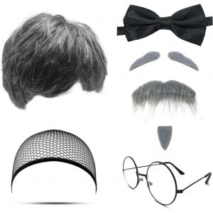 Nbgcm-8 Pcs Perruque Grand Père Set Perruque Grise Perruque Homme Barbe Sourcils Bonnet Perruque Lunettes Noeud Papillon Costume Vieil Homme Pour Halloween Noël Cosplay Fête - Neuf