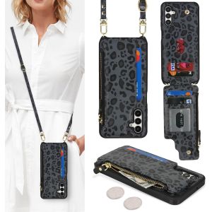 Case For Samsung Galaxy A15 Case With Credit Card Holder, Case For Samsung Galaxy A15 Cover With Neck Strap Wallet With Credit Card Slots-Leopard Black - Neuf