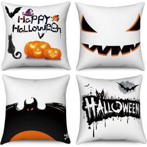 Housse de Coussin Halloween 40x40 Set de 4, Spooky citrouille pleine lune ch&acirc;teau arbre mort chauve-souris d&eacute;coratif Housses de coussin noir orange lin housse de coussin pour canap&eacute; Home Decor - Neuf