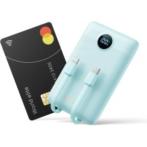 Batterie Externe 10000mah, Power Bank Charge Rapide Pd 22.5w Avec Câbles Intégrés Usb C Sortie, Mince Légère Portable Chargeur Affichage Led, Universel Compatible Iphone/Samsung (Bleu) - Neuf