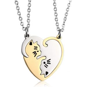2pcs Bijoux Collier Pendentif Puzzle Coeur Separable Detachable Chat Acier Inoxydable Amiti&eacute; Amoureux Couple Avec 2 Chaines - Neuf