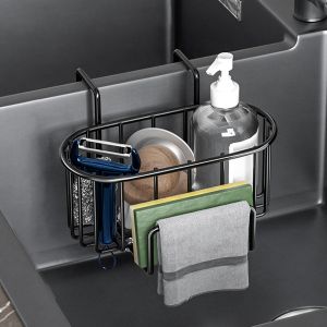 Porte Eponge Evier Cuisine En Acier Inoxydable,Support D'&eacute;vier Suspendu,Support Pour &Eacute;ponge Et Brosses &Agrave; Vaisselle,Organisateur D'&eacute;vier Multifonctionnel Avec Porte-Serviettes (Noir) - Neuf