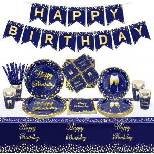 Sjzg-107 Pcs Fournitures De F&ecirc;te Bleu Et Or -Banni&egrave;re D'anniversaire, Assiettes D'anniversaire Bleues Et Nappe Pour Baby Shower, D&eacute;corations De F&ecirc;te De Mariage, Servir 20 Invit&eacute;s, Blue Gold-S - Neuf